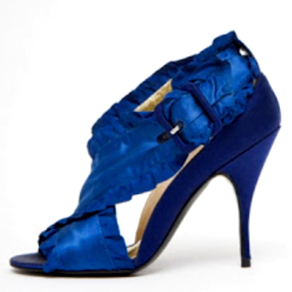 Bruno Frisoni Blue Satin Ruffle Criss Cross Pump